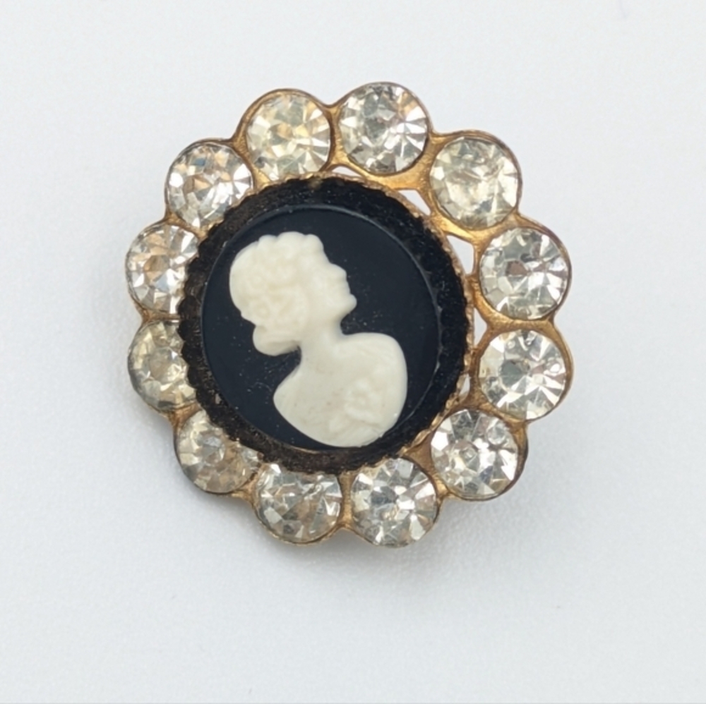 Vintage small dainty signed Coro faux cameo and rhinestone brooch pin